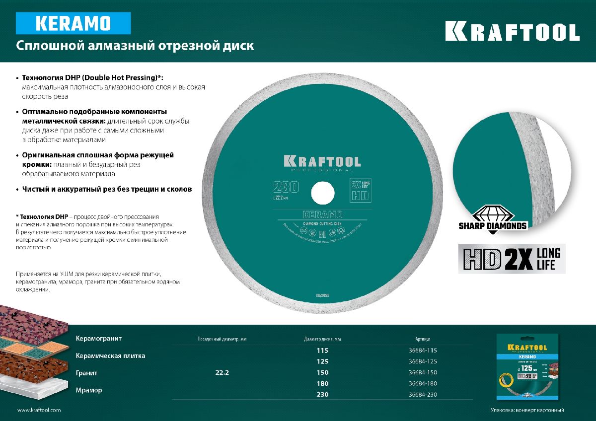 KRAFTOOL KERAMO 125 мм, диск алмазный отрезной сплошной по керамограниту, керамической плитке, граниту, мрамору (125х22.2 мм, 10х2.4 мм), (36684-125)