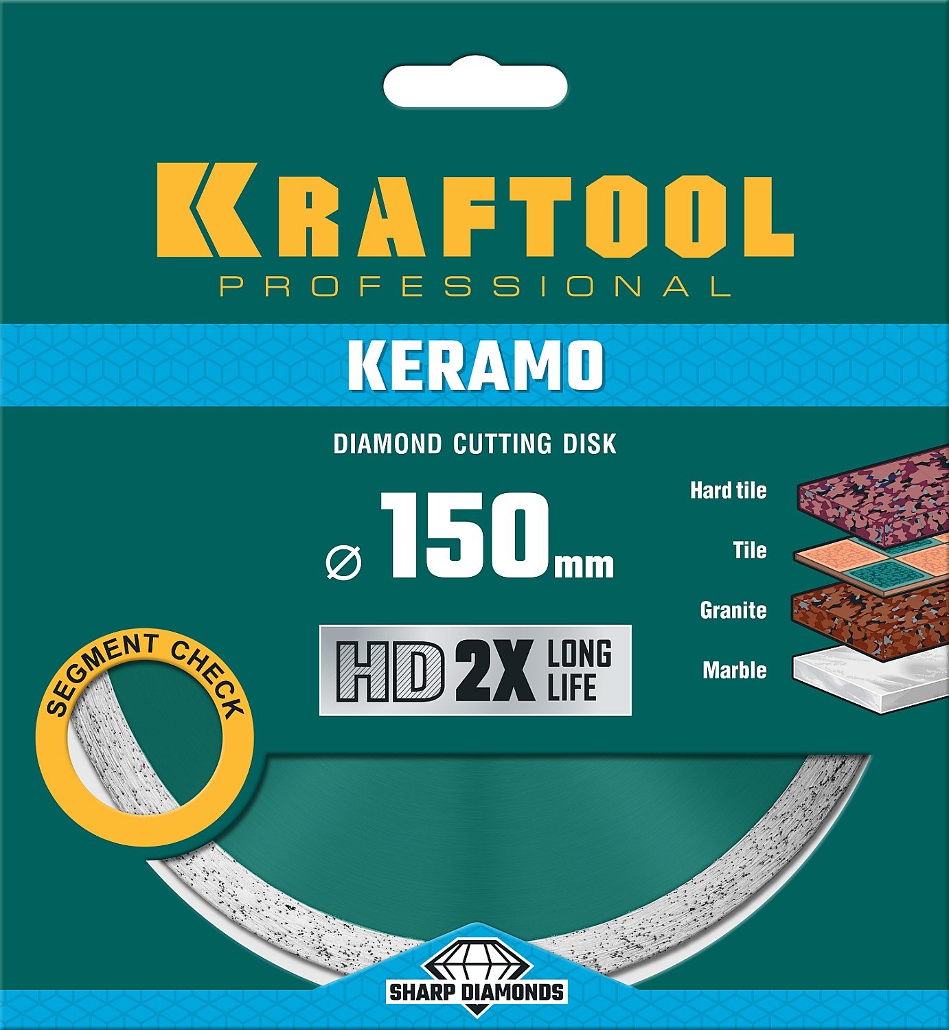 KRAFTOOL KERAMO 150 мм, диск алмазный отрезной сплошной по керамограниту, керамической плитке, граниту, мрамору (150х22.2 мм, 10х2.4 мм), (36684-150)