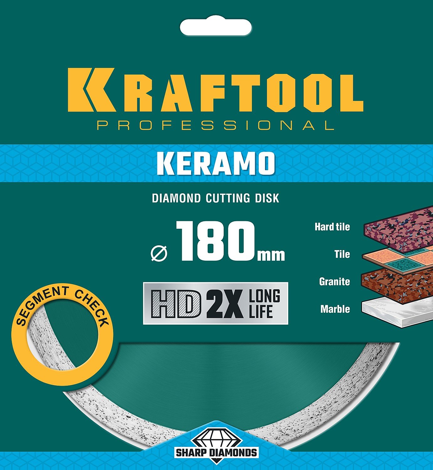 KRAFTOOL KERAMO 180 мм, диск алмазный отрезной сплошной по керамограниту, керамической плитке, граниту, мрамору (180х22.2 мм, 10х2.6 мм), (36684-180)