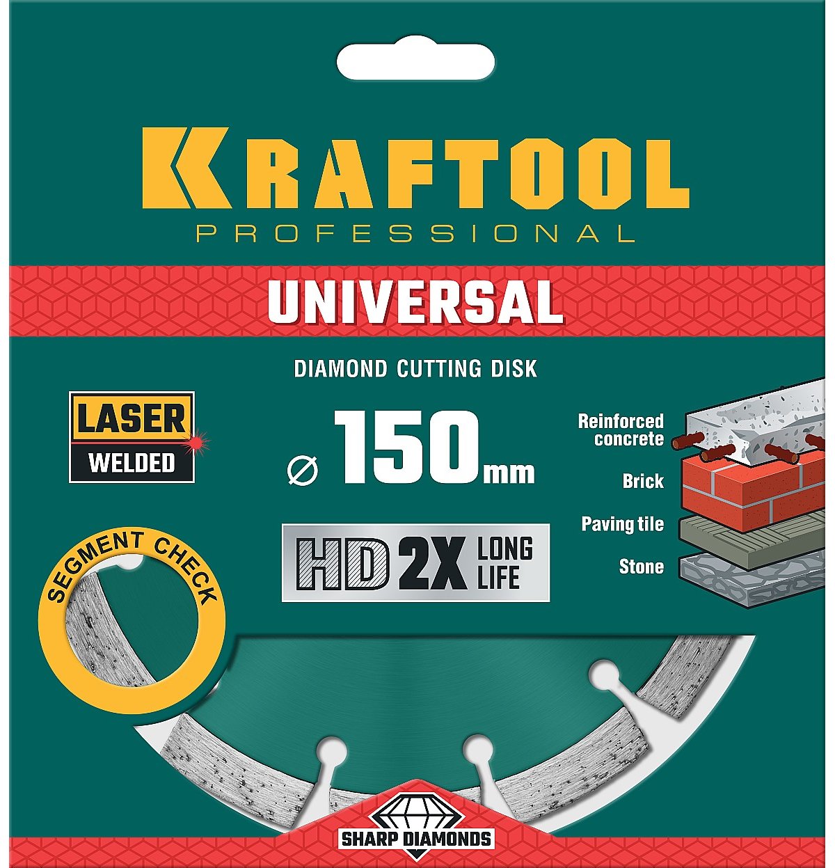 KRAFTOOL UNIVERSAL 150 мм, диск алмазный отрезной сегментный по железобетону, высокопрочному бетону, кирпичу, камню (150х22.2мм, 10х2.4мм), (36680-150)