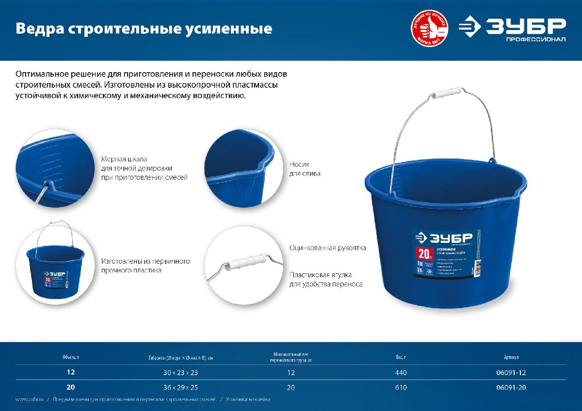 Усиленное строительное пластиковое ведро ПРОФИ 12 л ЗУБР высокопрочное с носиком (06091-12)