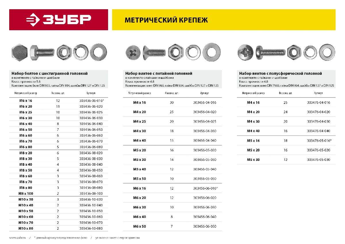 Болт ЗУБР DIN933 M6 x 16 мм с гайкой и шайбами 12 шт. (303436-06-016)