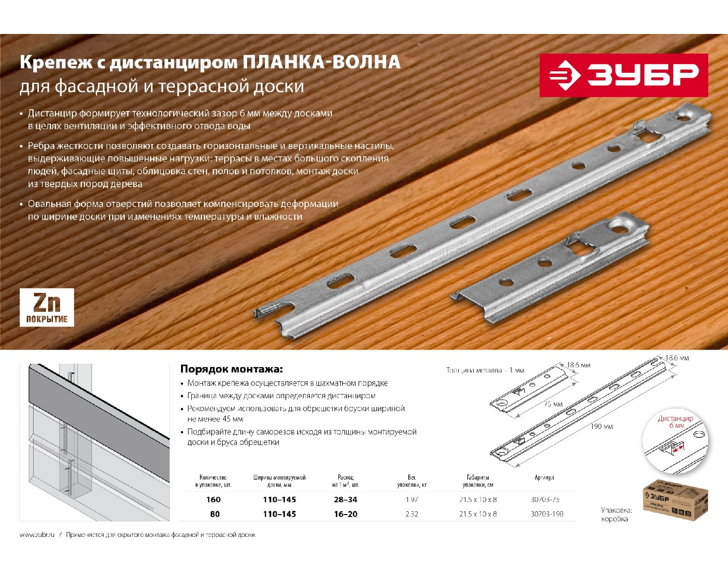 Крепеж с дистанциром для монтажа фасадной и террасной доски металлический ЗУБР Планка-Волна 190 мм 80 шт. (30703-190)