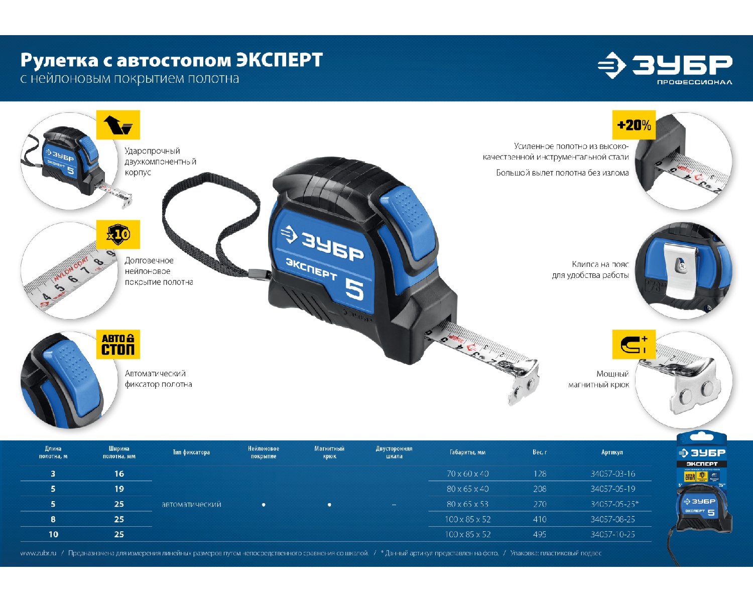 Профессиональная рулетка ЗУБР 5м х 25мм с нейлоновым покрытием Эксперт (34057-05-25_z02)