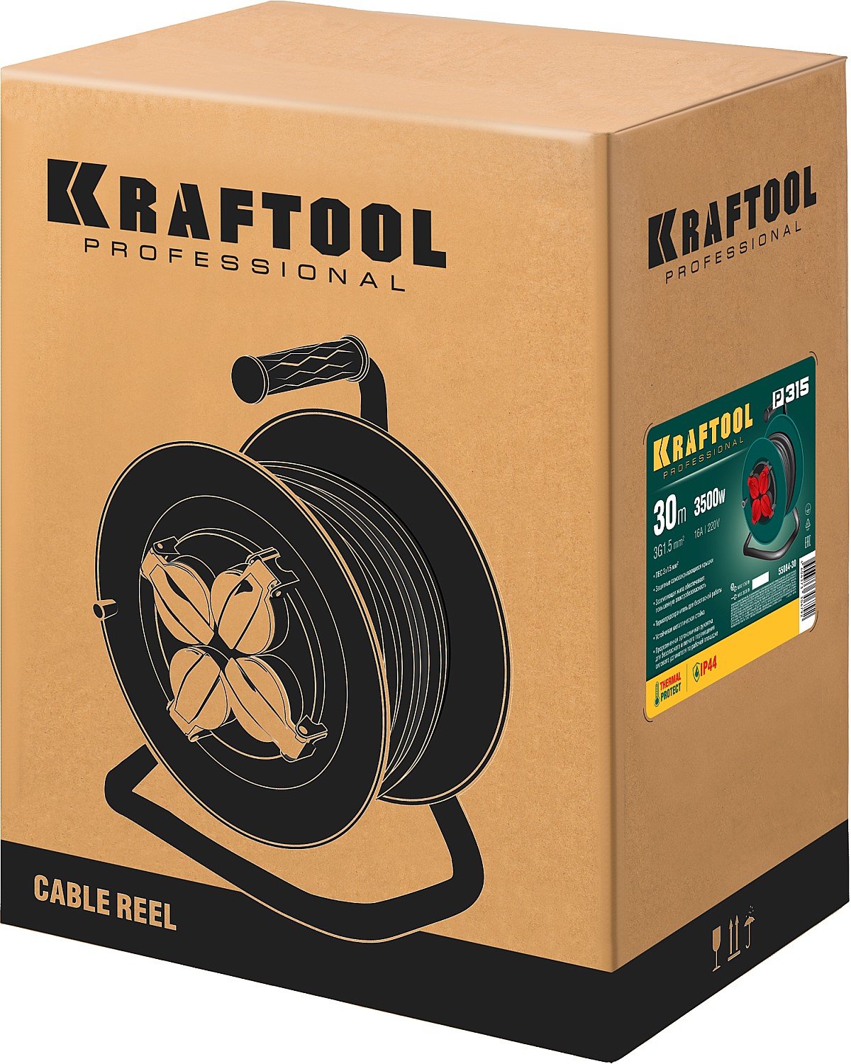 Силовой удлинитель на катушке KRAFTOOL ПВС 3х1.5 30м, 3500Вт IP44, P-315, (55084-30)