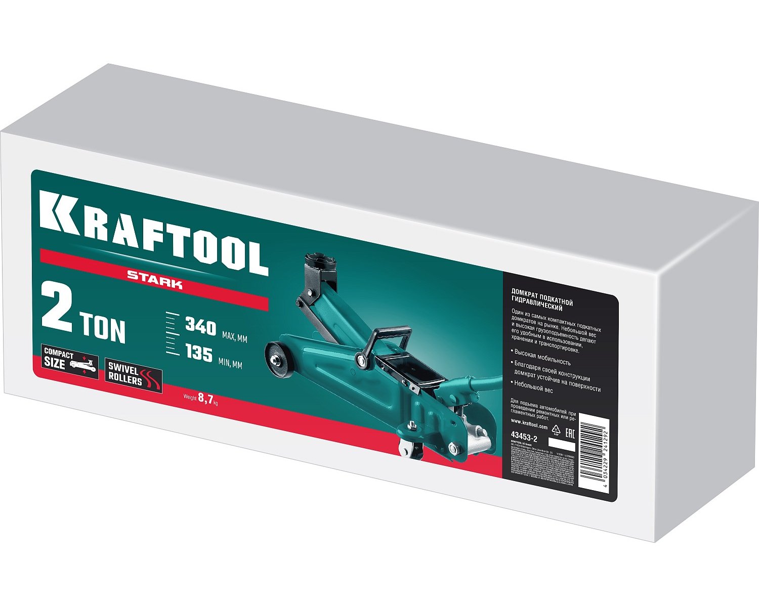 KRAFTOOL STARK 2т 135-340мм подкатной домкрат для легковых а м (43453-2)