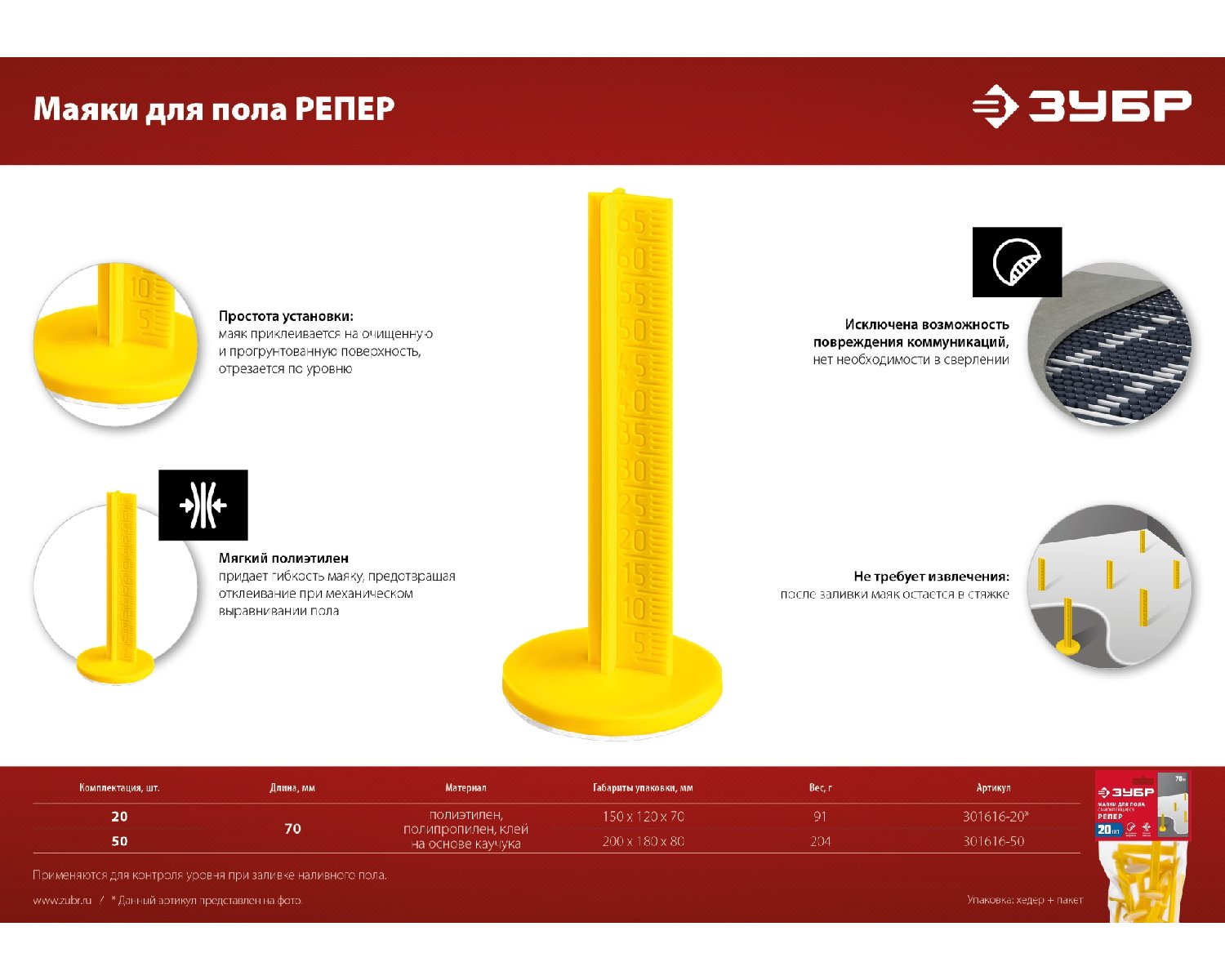Маяки для пола ЗУБР, 70 мм, самоклеящиеся, 20 шт, РЕПЕР (301616-20)