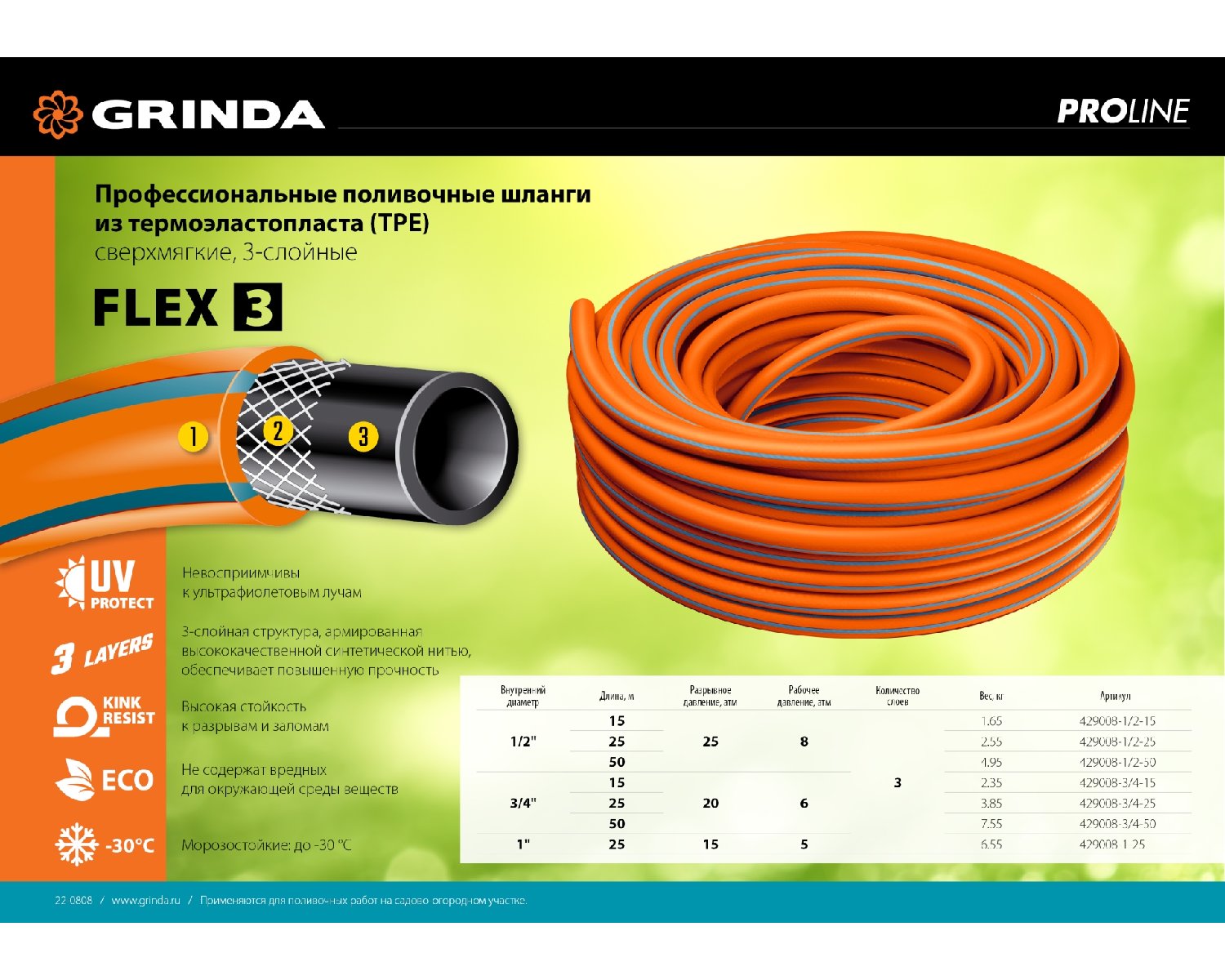 Поливочный шланг GRINDA PROLine FLEX 3 3 4 15 м 20 атм из термоэластопласта трехслойный армированный (429008-3 4-15)