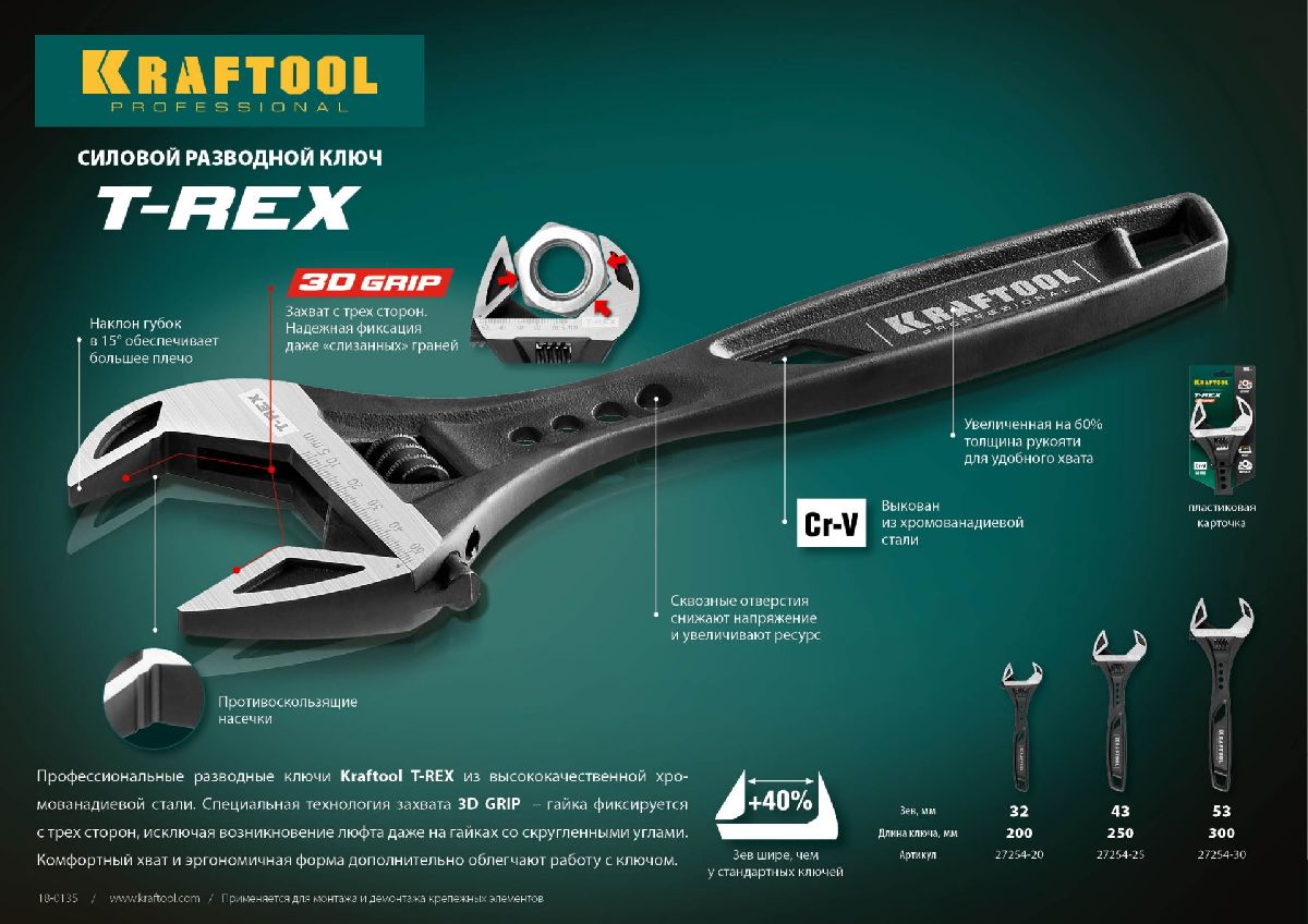 Силовой разводной ключ KRAFTOOL T-REX 200 32 мм (27254-20)