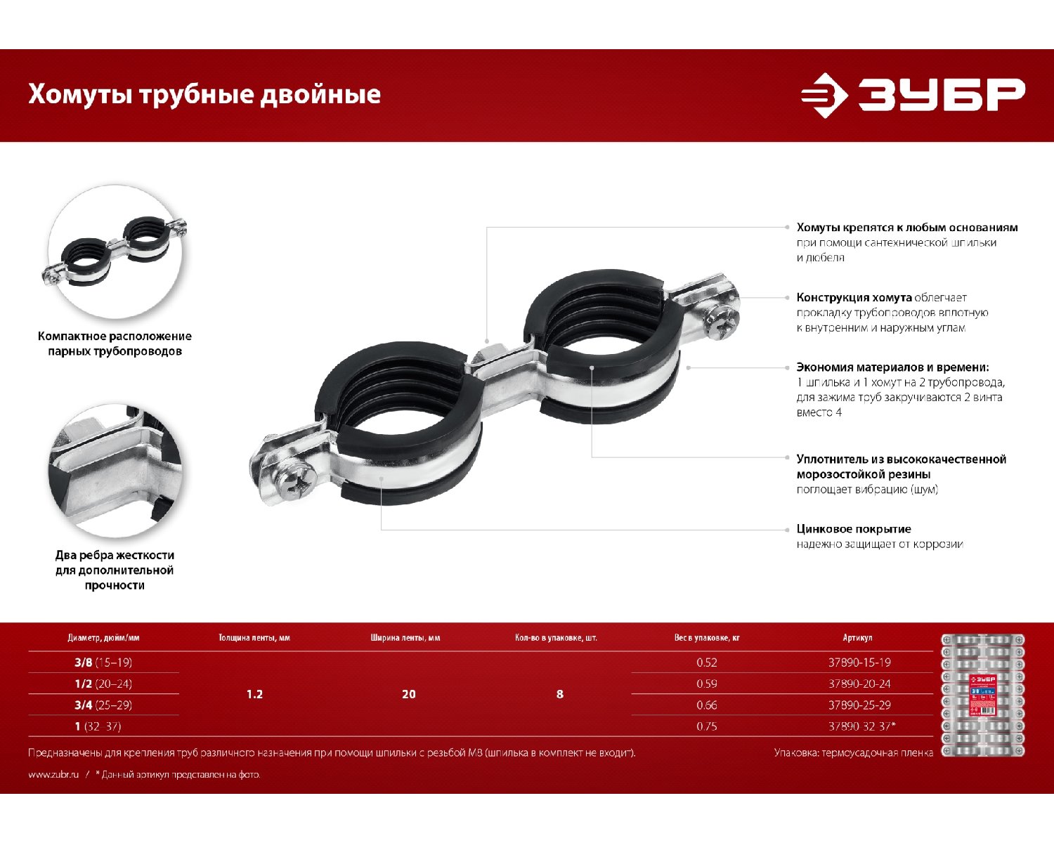 Двойной трубный хомут ЗУБР, 3 8 , 8шт, оцинкованный (37890-15-19)