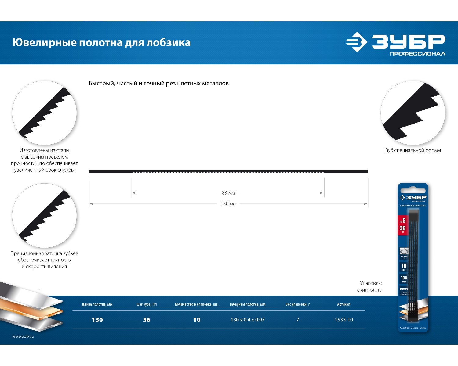 Полотна ювелирные для лобзика ЗУБР, 130мм, 36 TPI,10шт, Профессионал (1533-10)