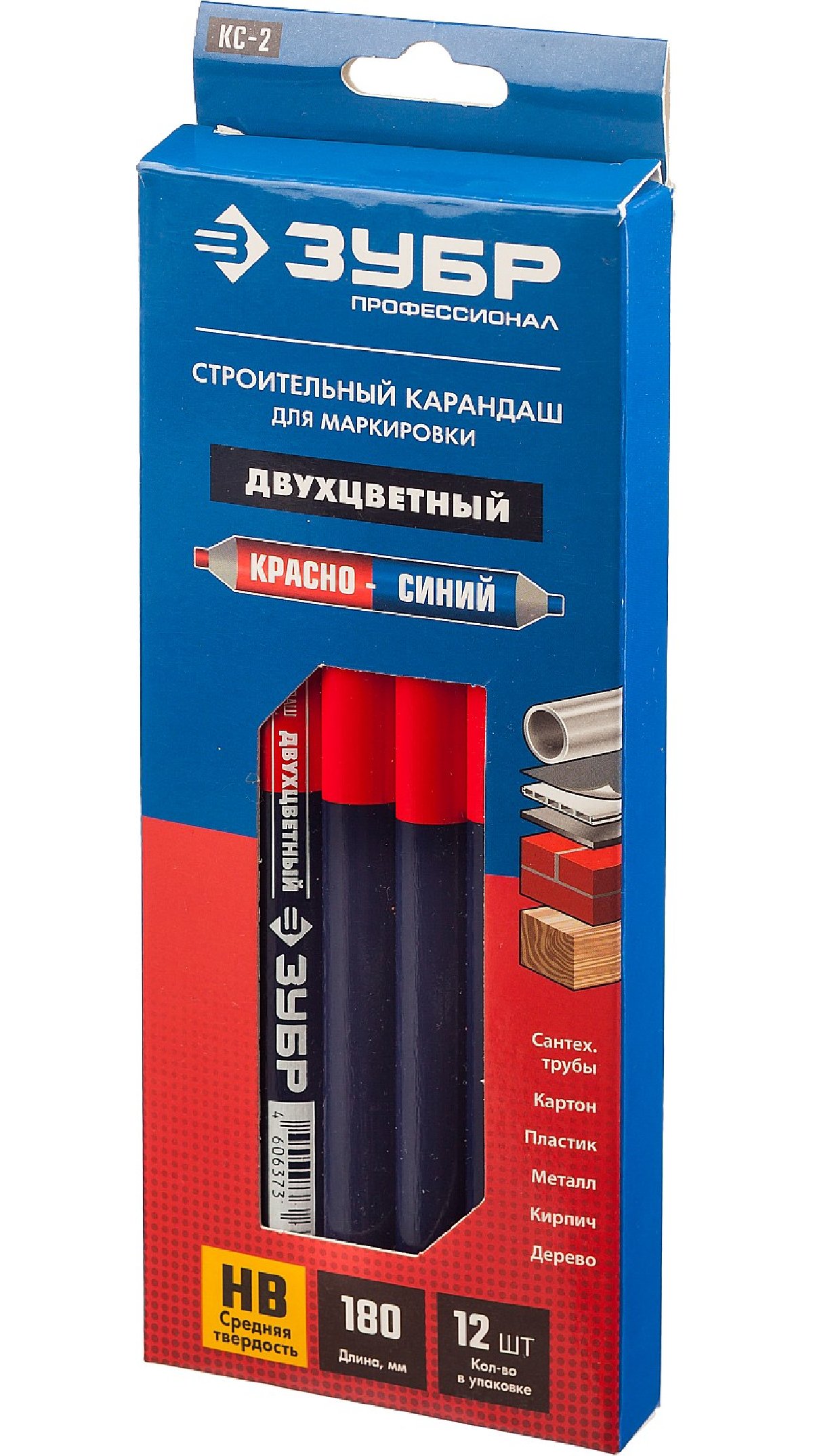 Двухцветный строительный карандаш ЗУБР, HB, 180мм, КС-2, серия Профессионал (06310)