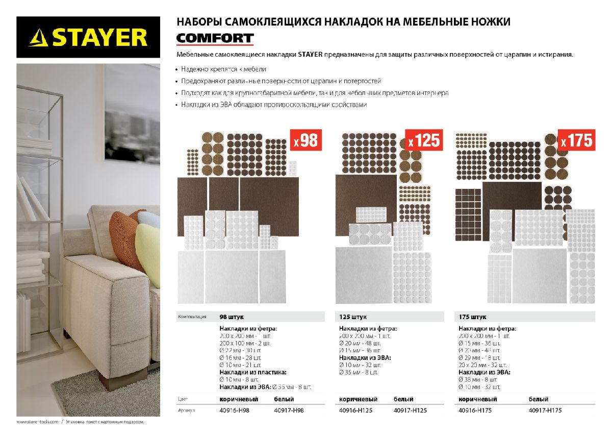 Набор мебельных накладок STAYER Comfort самоклеящихся 98 шт. белый (40917-H98)