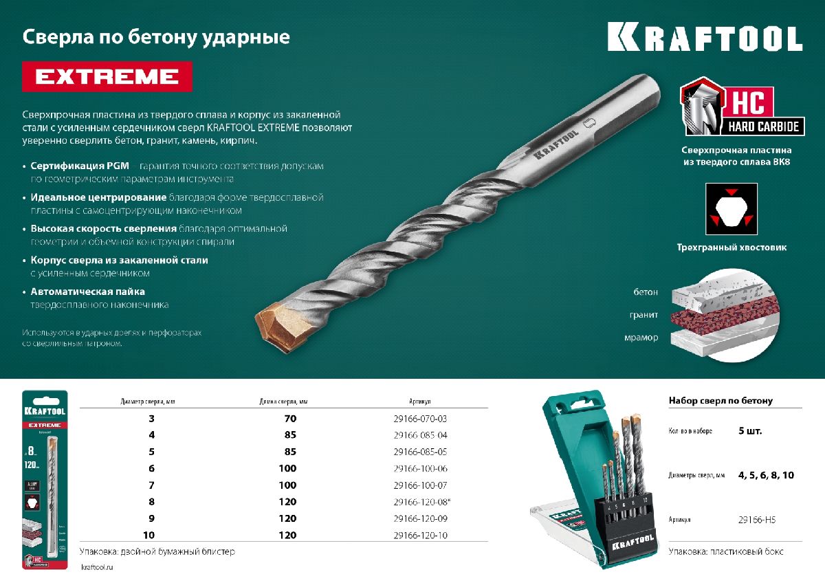 KRAFTOOL EXTREME 5 шт 4-5-6-8-10 мм набор сверл по бетону, 3-х гранный хвостовик, (29166-H5)