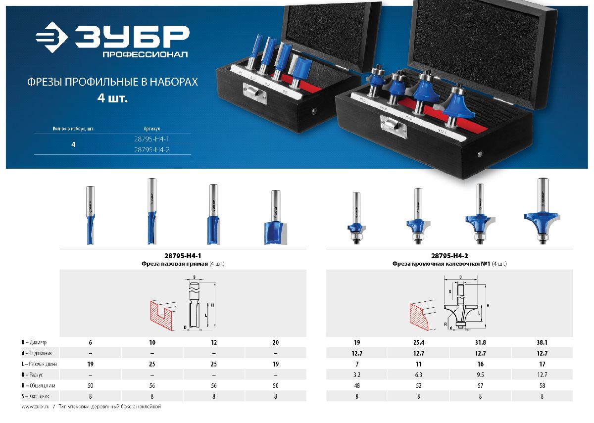 ЗУБР 4шт, набор профильных фрез по дереву, , серия Профессионал (28795-H4-1)