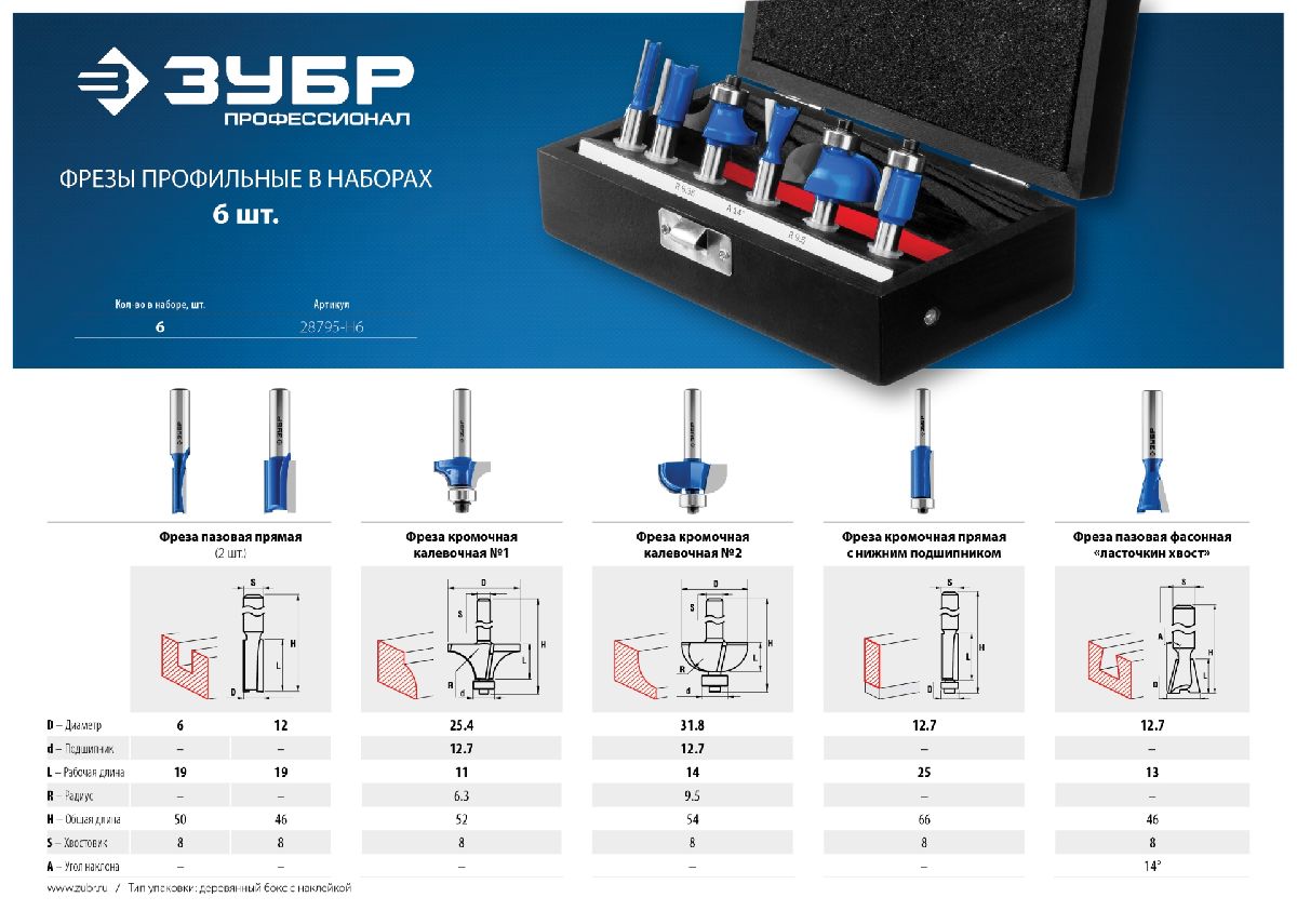 ЗУБР 6шт, набор профильных фрез по дереву, , серия Профессионал (28795-H6)