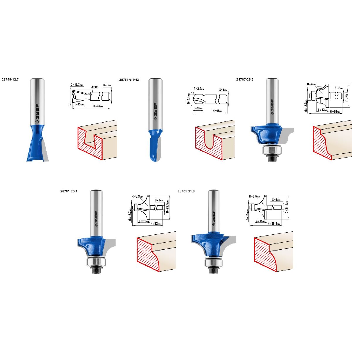 ЗУБР12шт, набор профильных фрез по дереву, , серия Профессионал (28796-H12)
