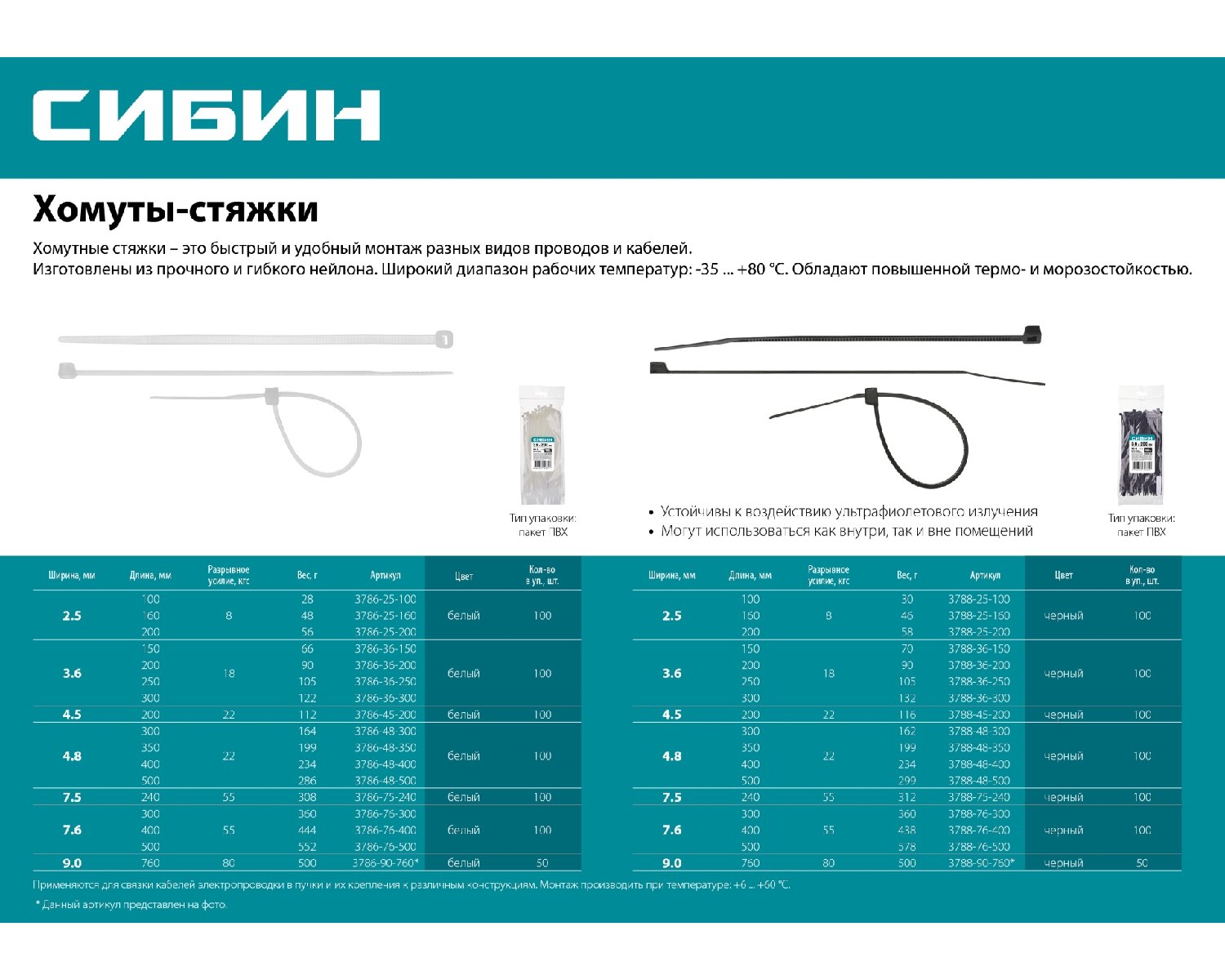 Хомуты-стяжки СИБИН ХС-Ч нейлоновые черные 3.6 х 300 мм 100 шт. (3788-36-300)