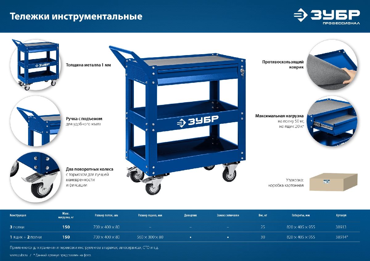 ЗУБР 820х405х955 мм, 1 ящик + 2 полки, Инструментальная тележка с выдвижным ящиком, Профессионал (38914) (38914)