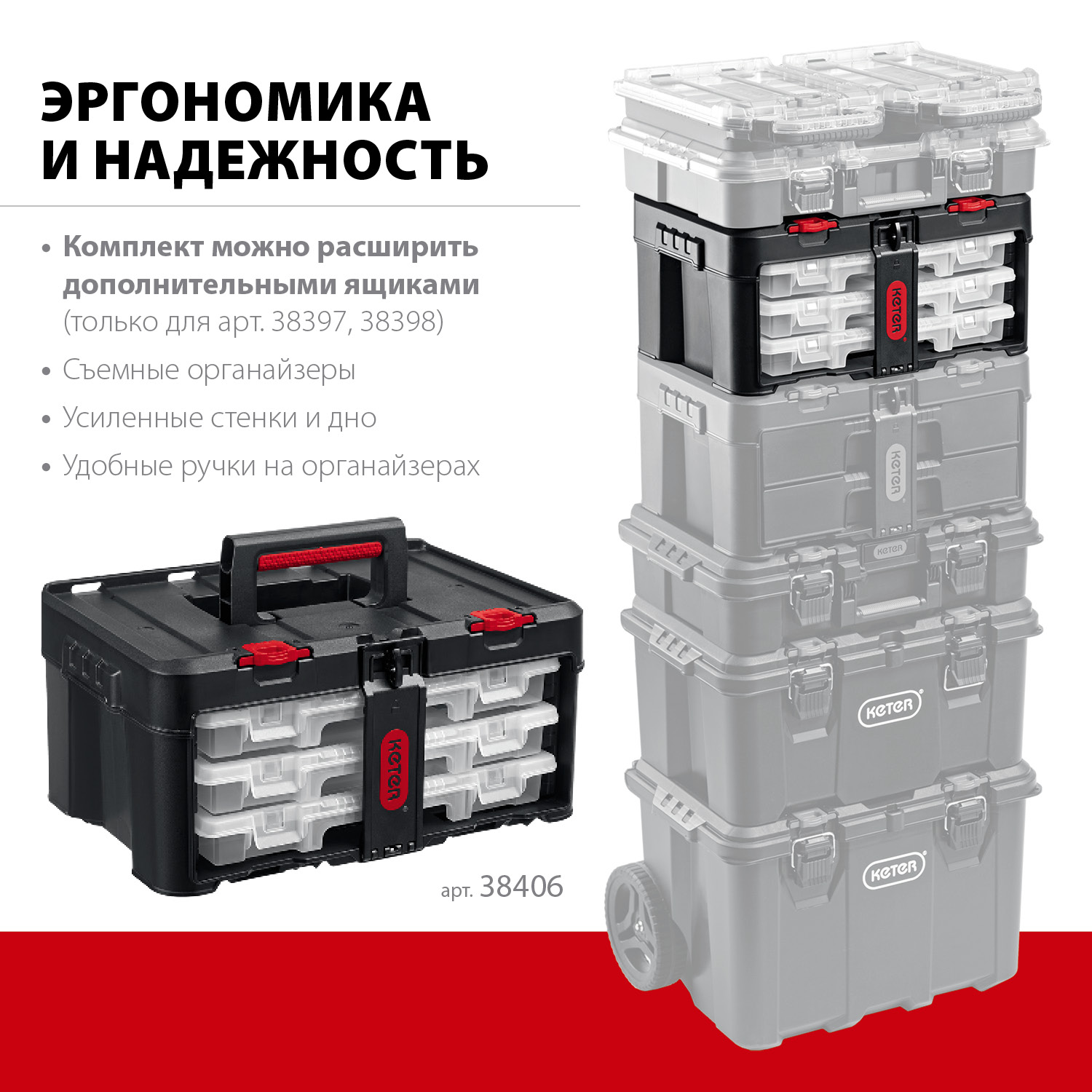 KETER STACKNROLL, 481 х 332 х 233 мм, (19 ), Пластиковый ящик с органайзерами (38406) (38406)