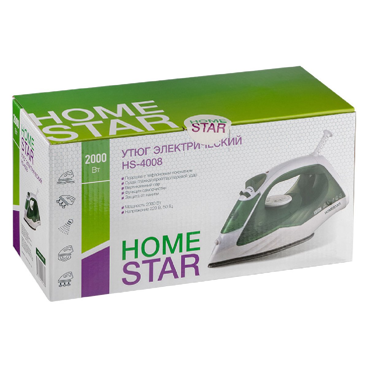 Утюг HomeStar HS-4008 бело-зеленый (2000Вт, пар, тефлоновая подошва, антинакипь) (105375)