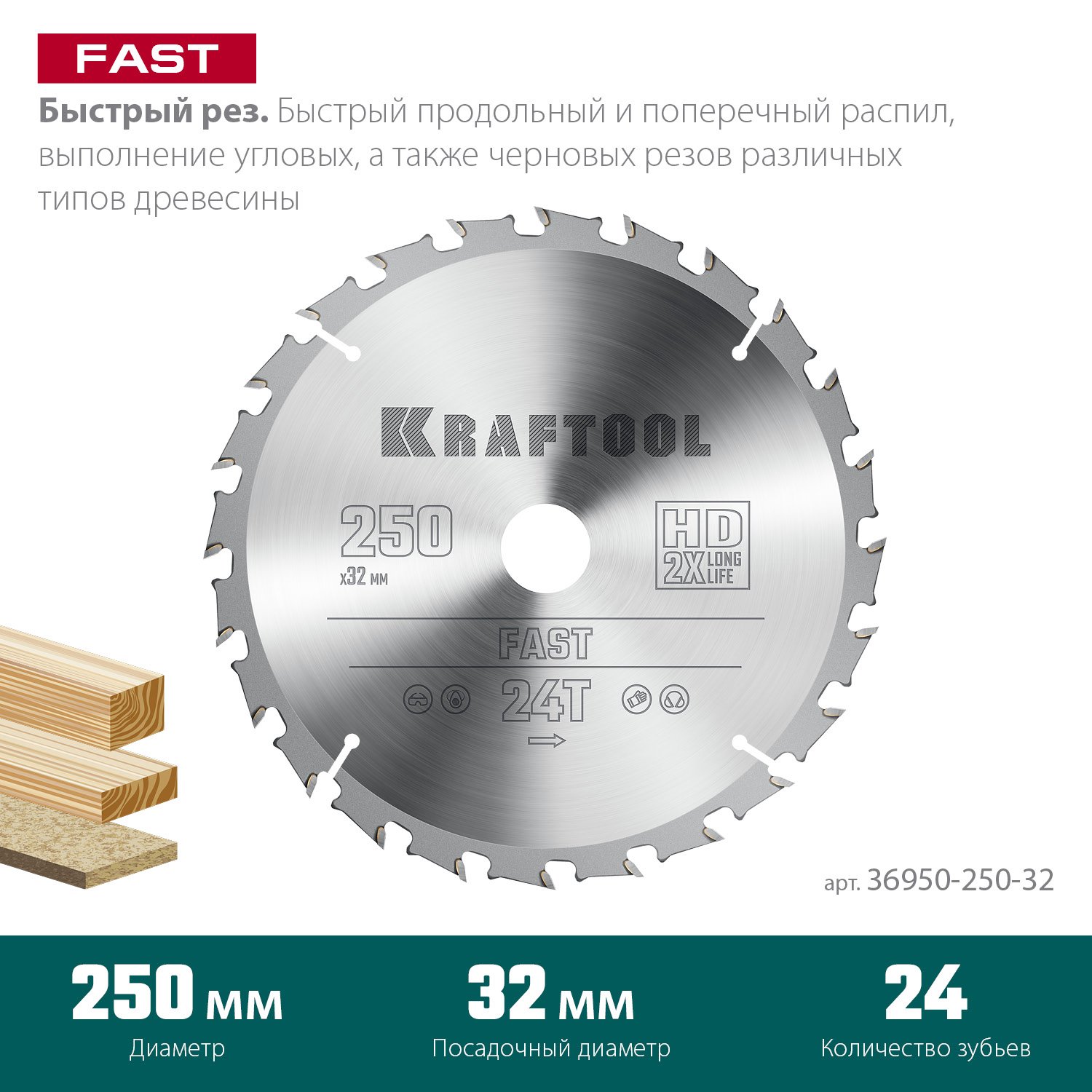 KRAFTOOL Fast 250х32мм 24Т, диск пильный по дереву (36950-250-32)