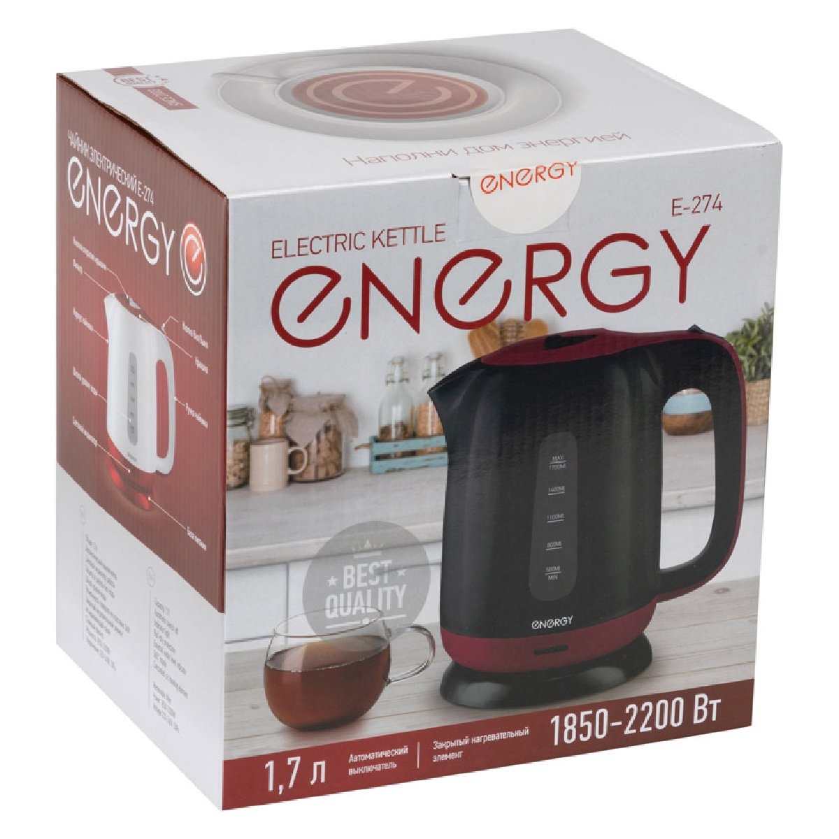 Energy E-274 чайник электрический дисковый, 1.7л, 2200Вт, пластиковый, шкала уровня воды