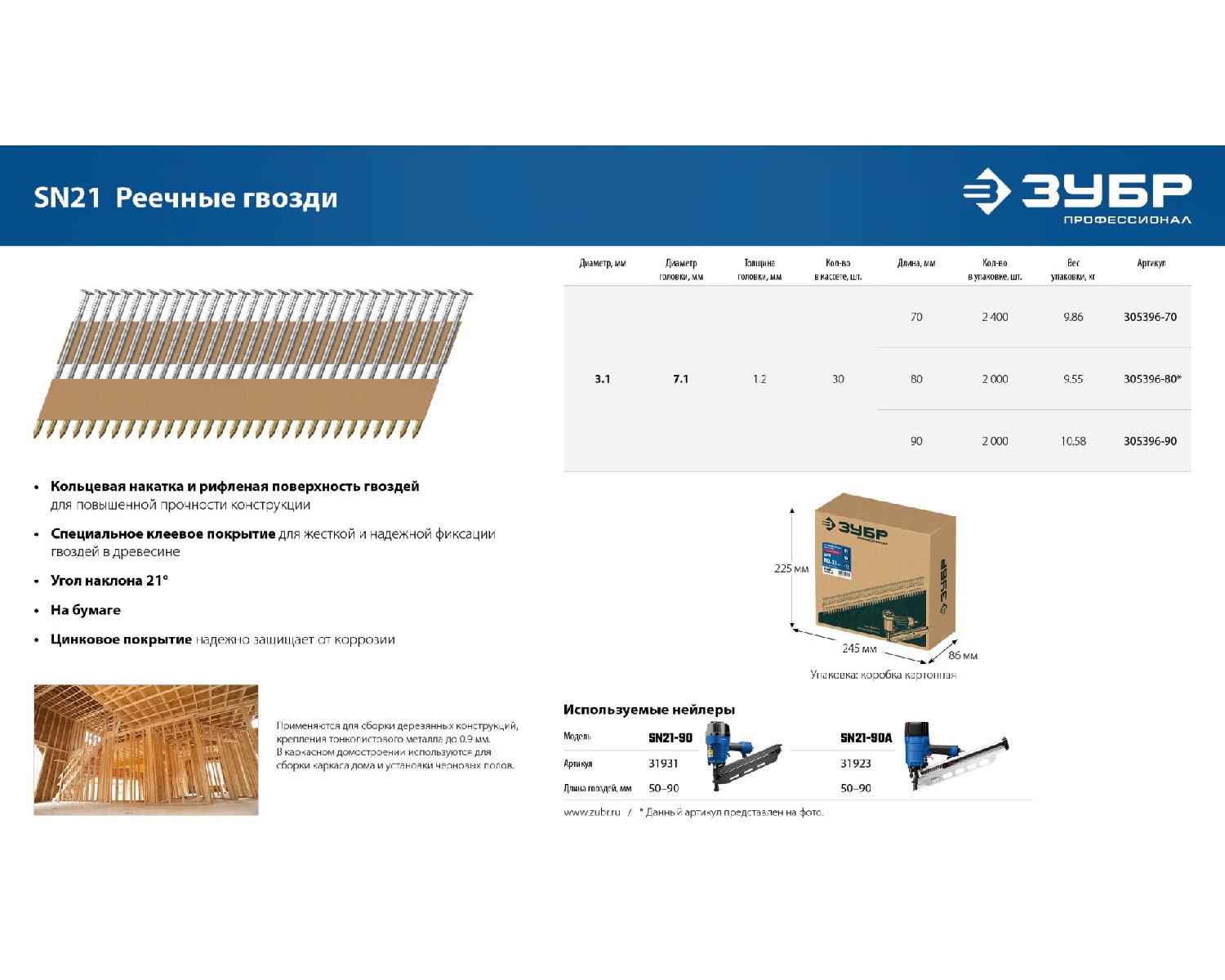 ЗУБР SN21 70 х 3.1 мм, реечные гвозди рифленые оцинкованные, 2400 шт (305396-70) (305396-70)