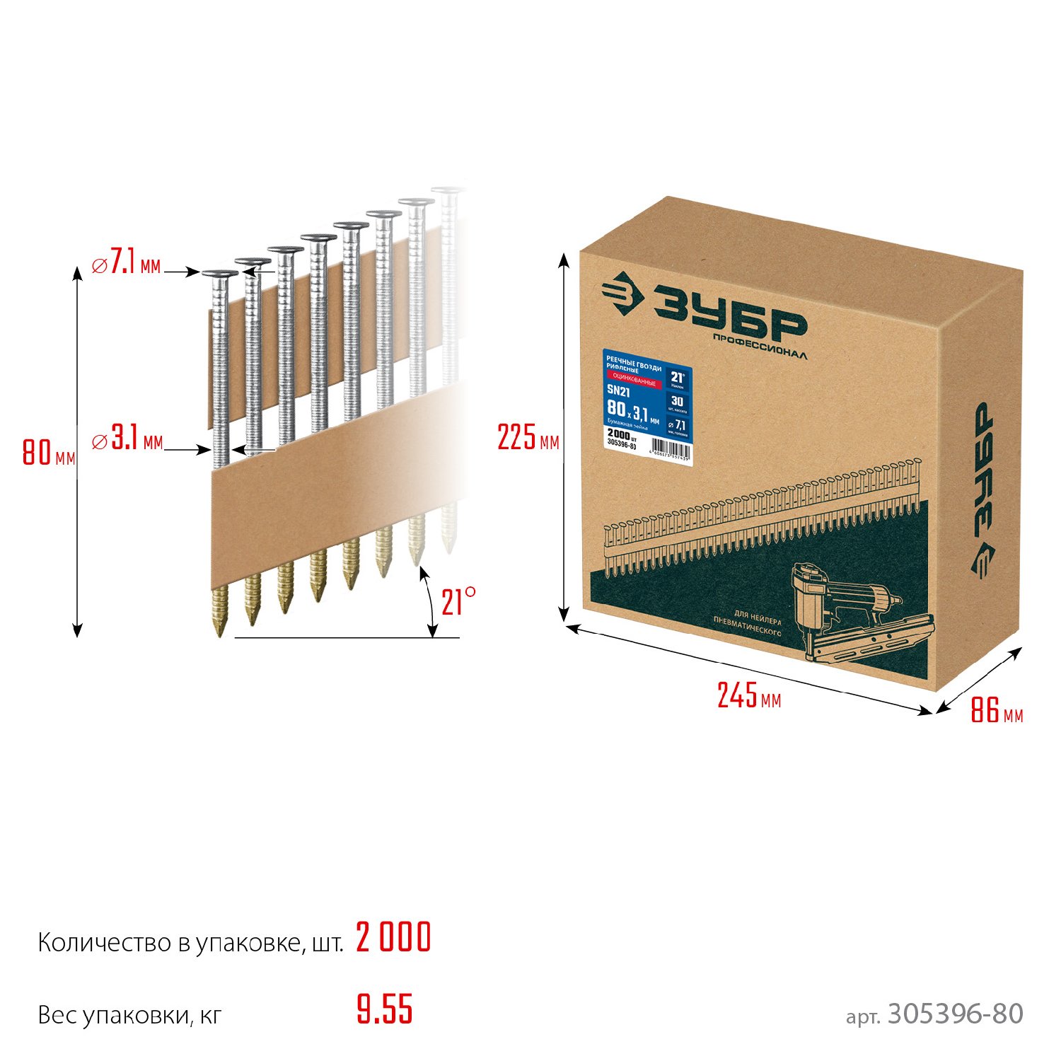 ЗУБР SN21 80 х 3.1 мм, реечные гвозди рифленые оцинкованные, 2000 шт (305396-80) (305396-80)