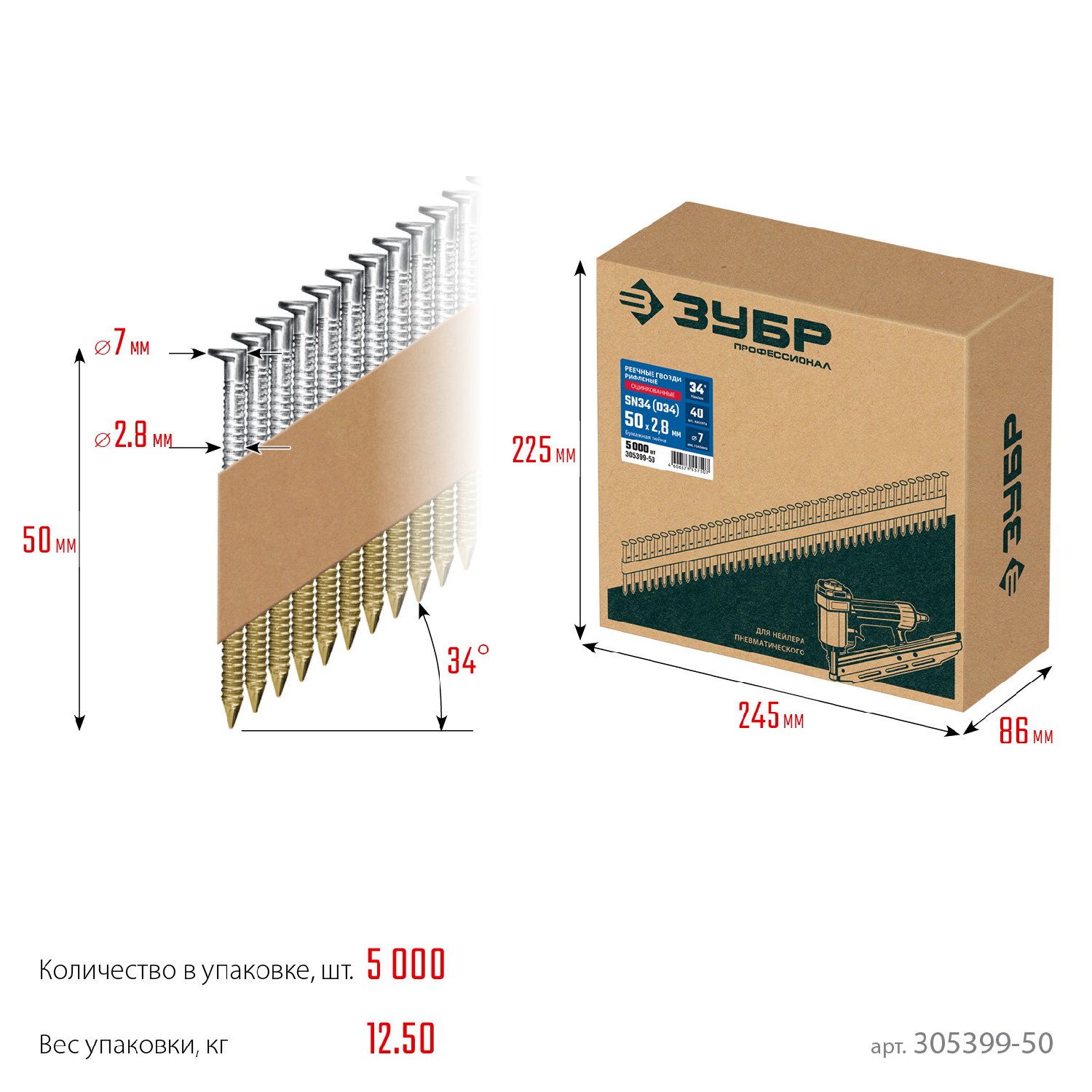 ЗУБР SN34 (D34) 50 х 2.8 мм, реечные гвозди рифленые оцинкованные, 5000 шт (305399-50) (305399-50)