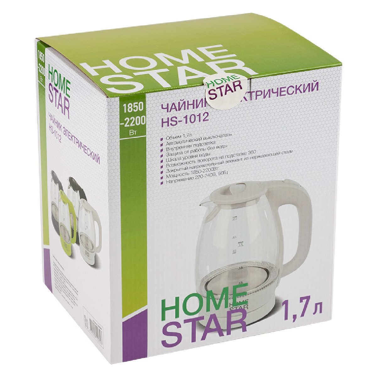 Homestar HS-1012 чайник электрический дисковый, 1.7л, 1850-2200Вт, стеклянный, белый