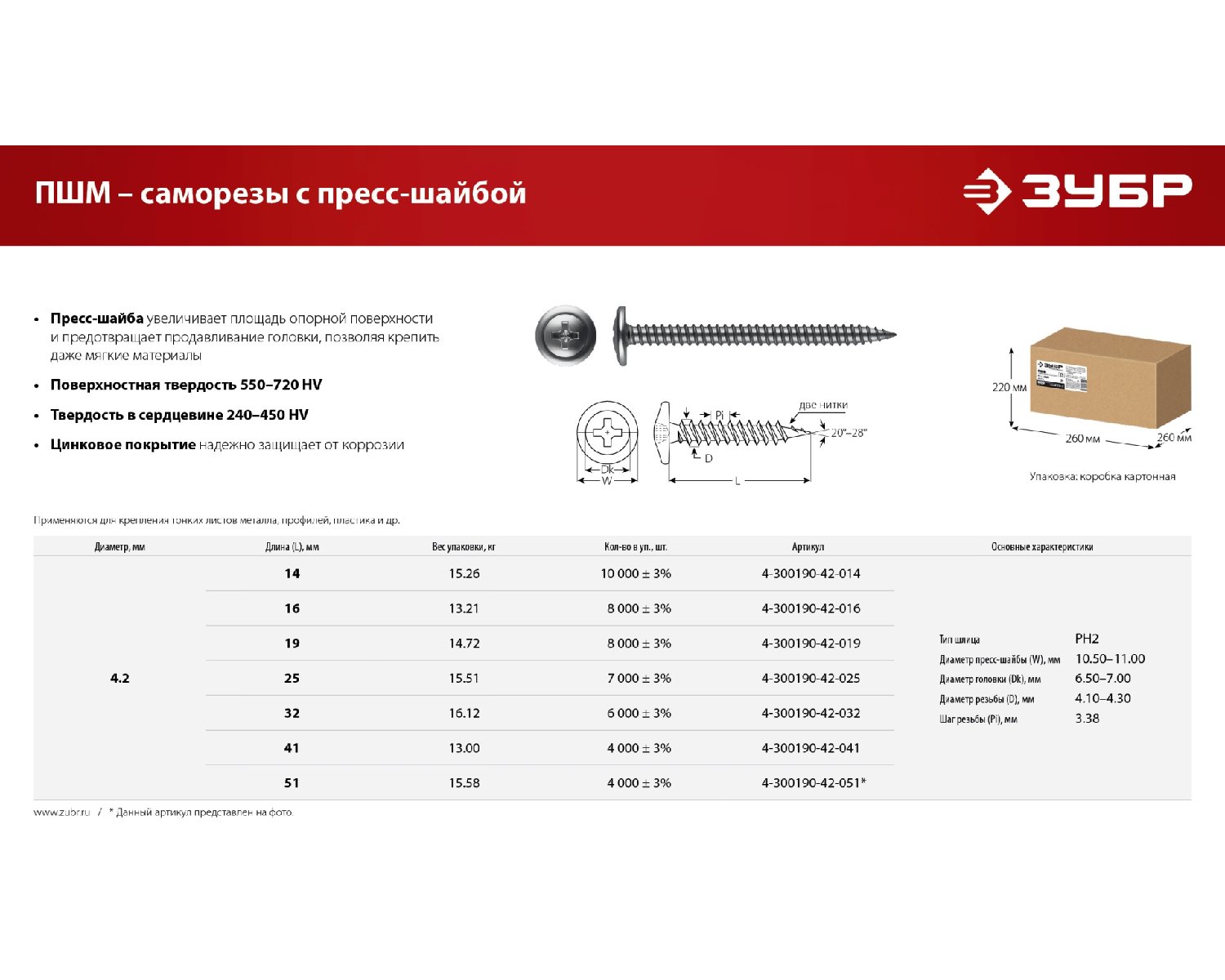 ЗУБР ПШМ 16 х 4.2 мм, Саморез с пресс-шайбой, цинк, 13.21 кг (4-300190-42-016) (4-300190-42-016_z01)