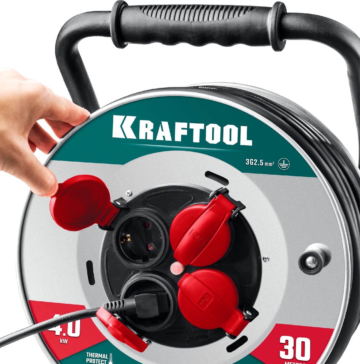 KRAFTOOL КГ 3х2.5 30м 4000Вт IP44, HEAVY DUTYСиловой удлинитель на стальной катушке (55086-30) (55086-30_z01)