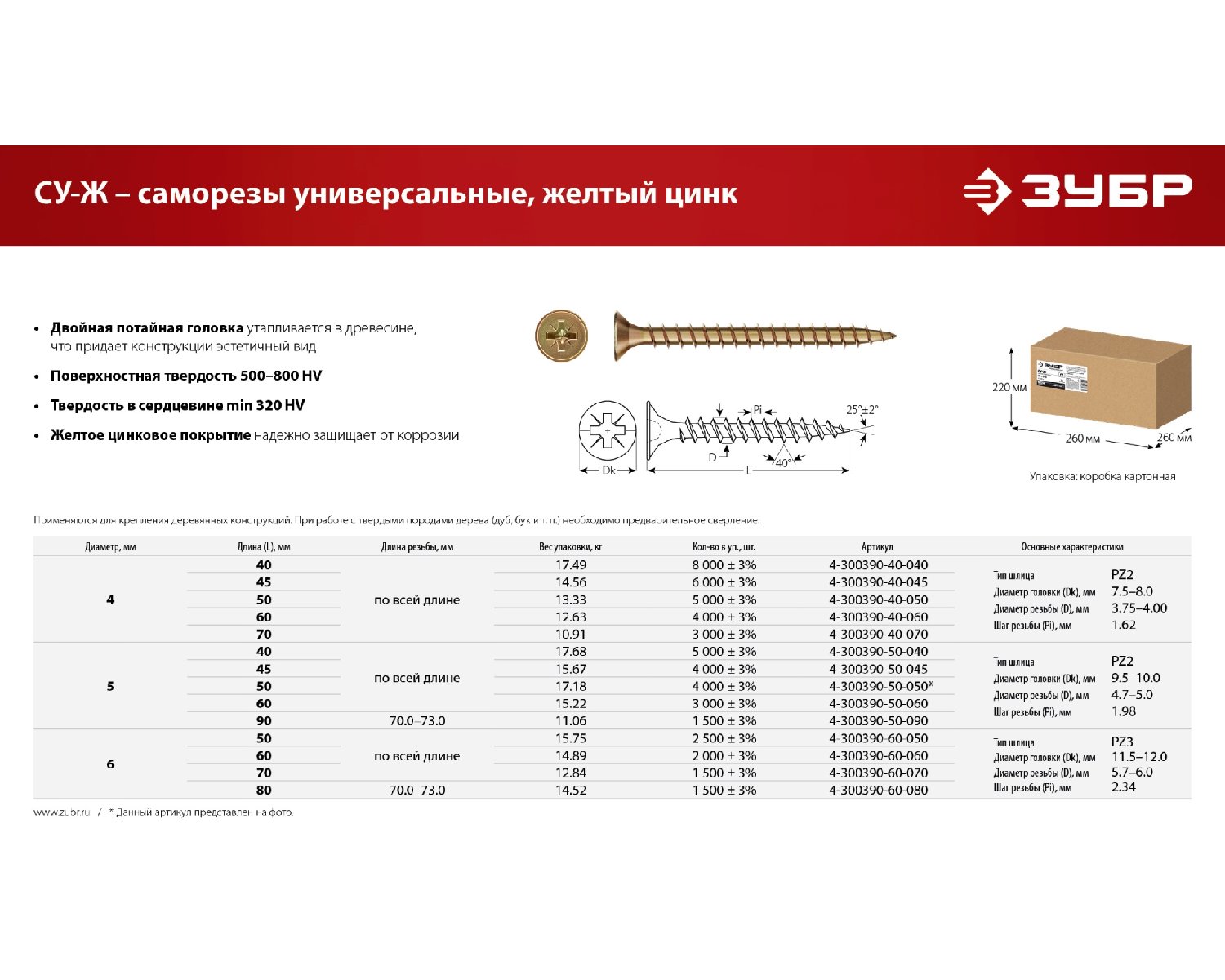 ЗУБР СУ-Ж 70 х 6.0 мм, желтый цинк, Универсальный саморез, 12.84 кг (4-300390-60-070) (4-300390-60-070_z01)