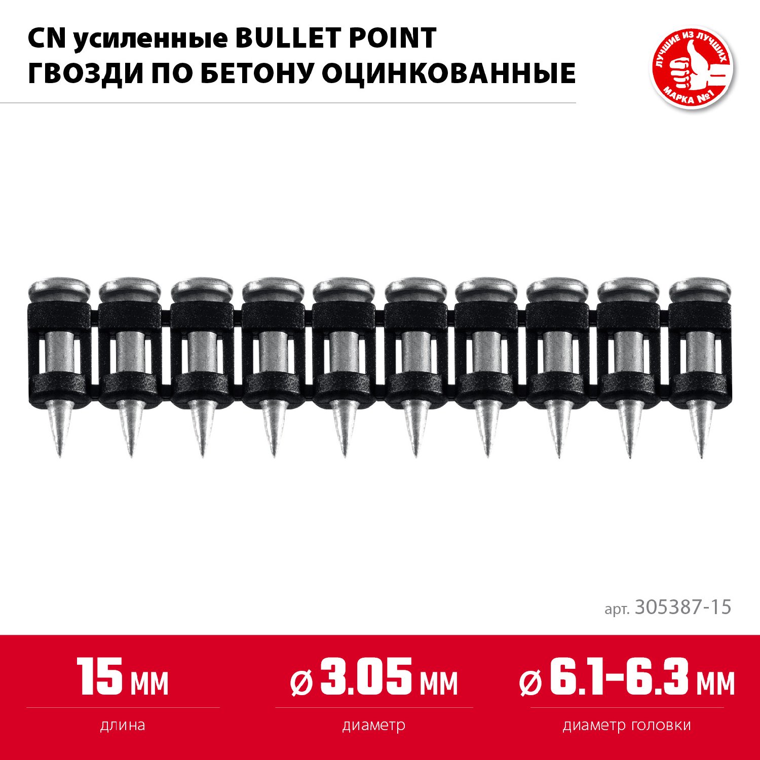 ЗУБР CN усиленные bullet point 15 х 3.05 мм, гвозди по бетону оцинкованные, 1000 шт (305387-15) (305387-15)