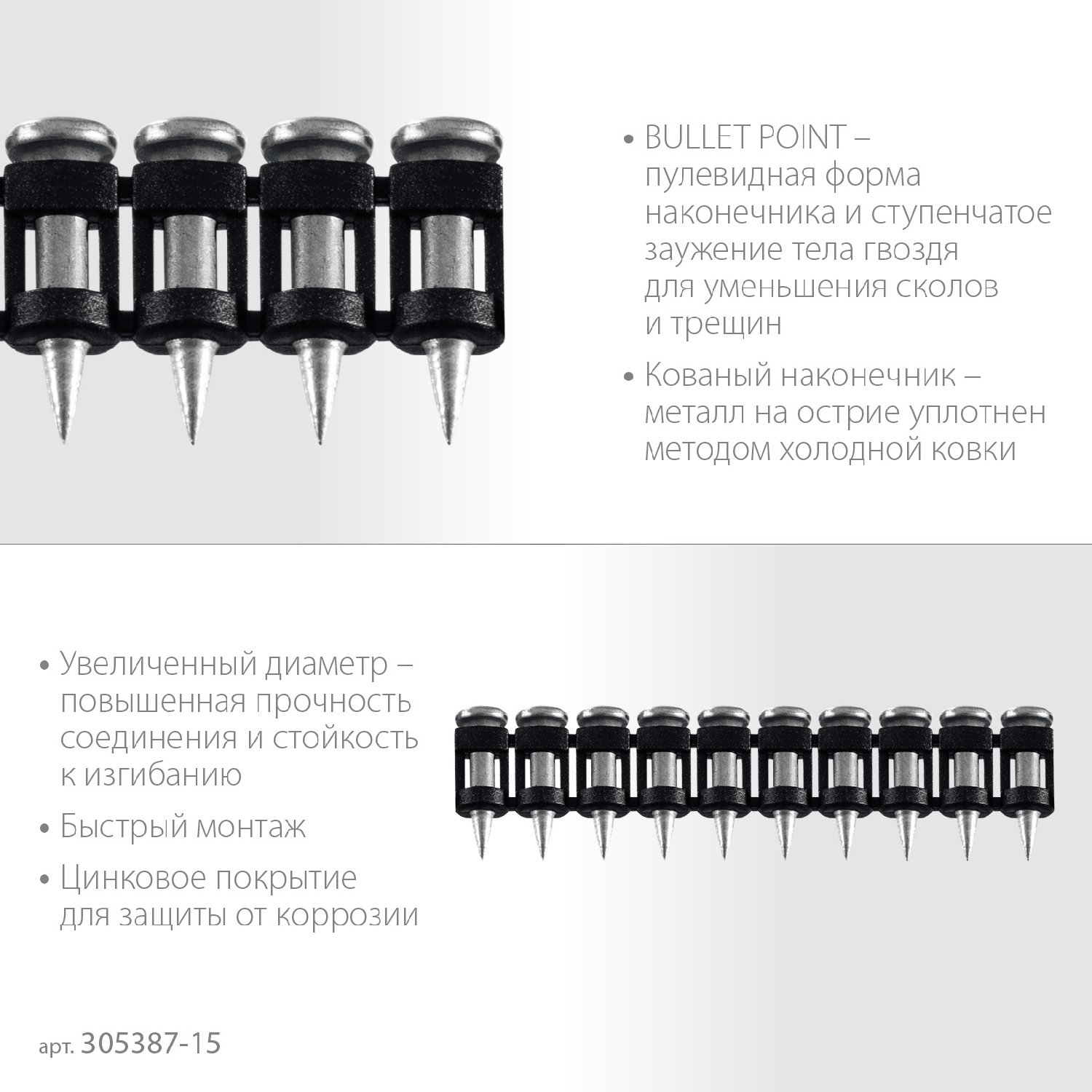 ЗУБР CN усиленные bullet point 15 х 3.05 мм, гвозди по бетону оцинкованные, 1000 шт (305387-15) (305387-15)