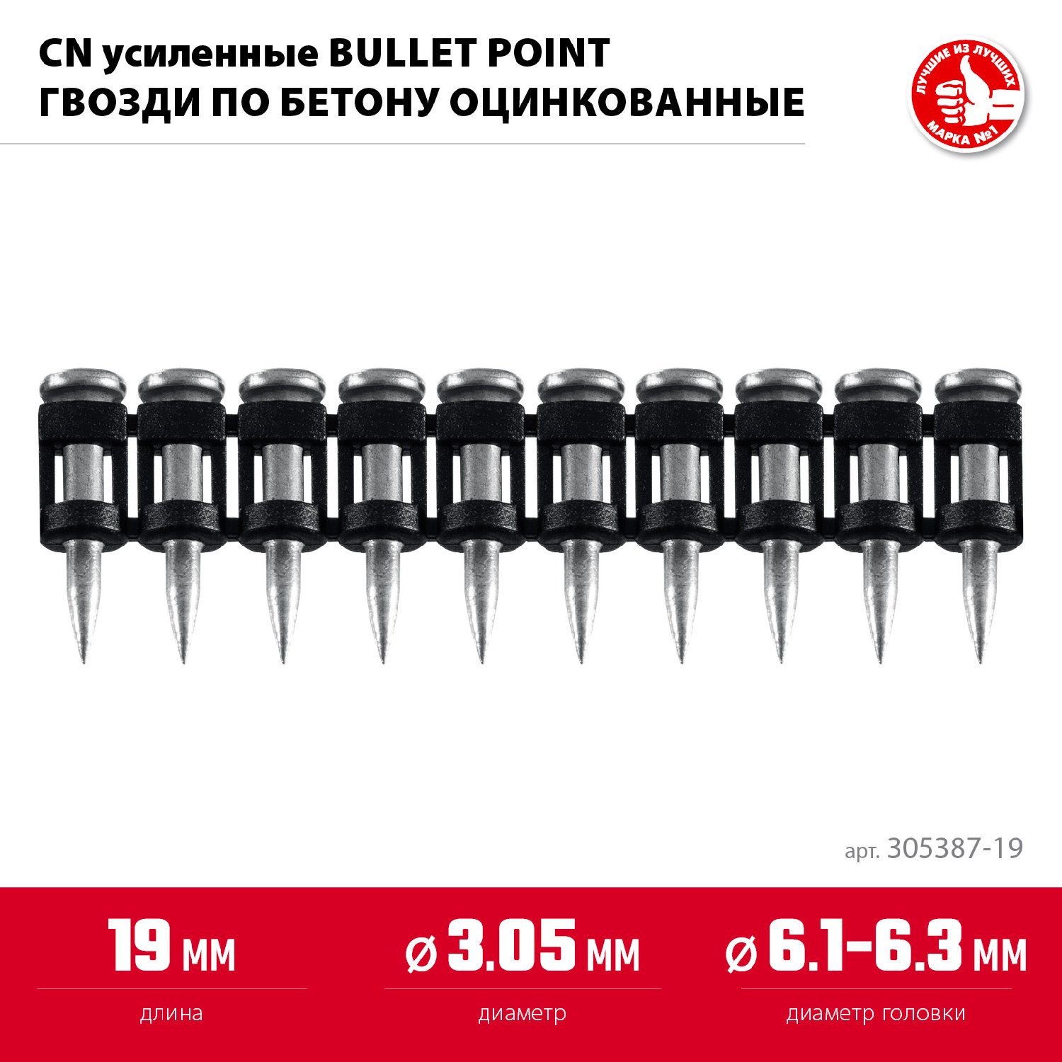 ЗУБР CN усиленные bullet point 19 х 3.05 мм, гвозди по бетону оцинкованные, 1000 шт (305387-19) (305387-19)