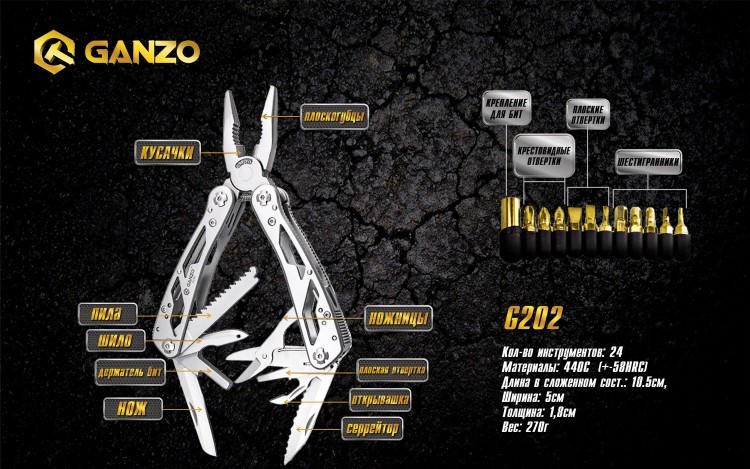 Мультитул Ganzo G202, 105 мм, 25 функций, нейлоновый чехол (G202)Купить