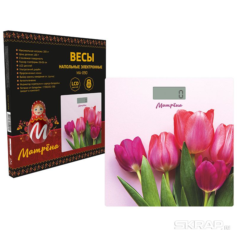 Весы напольные электронные МАТРЕНА МА-090 тюльпаны (стеклянная поверхность, 180 кг) (007835)Купить
