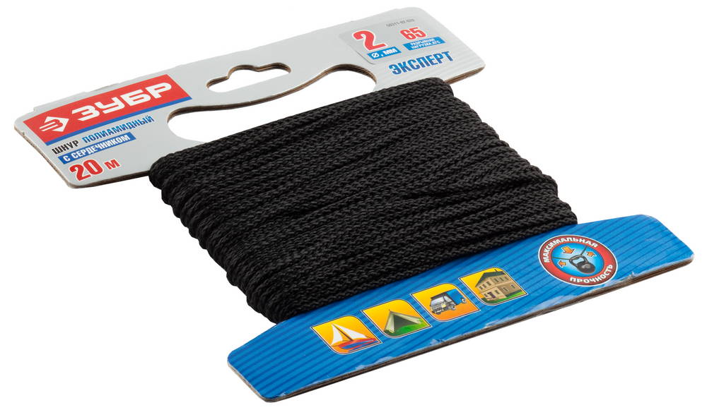 Полиамидный шнур ЗУБР 2 мм 20 м плетеный с сердечником черный повышенной нагрузки (50311-02-020)Купить