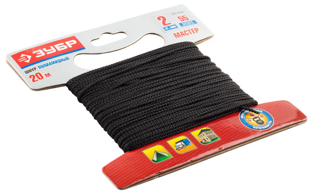 Полиамидный шнур ЗУБР 2 мм 20 м плетеный черный повышенной нагрузки (50321-02-020)Купить