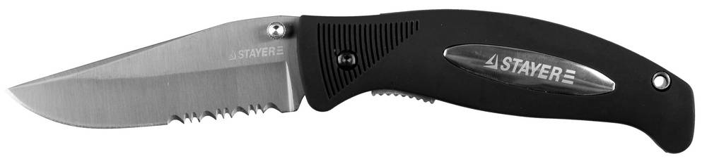Складной нож STAYER 80 мм серрейторная заточка пластиковая рукоятка (47623)Купить