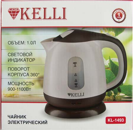 Kelli KL-1493 чайник электрический дисковый, 1.0л, 900-1100 Вт, пластиковый, шкала уровня воды