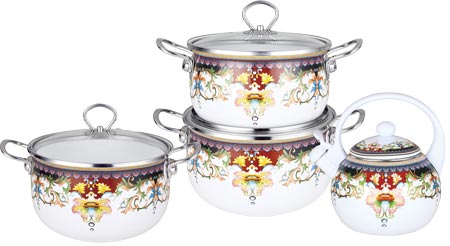 Набор посуды Kelli KL-4442 7 предметов эмаль с декором (2,3 л,3,0 л, 6,8 л + чайник 2,5 л)