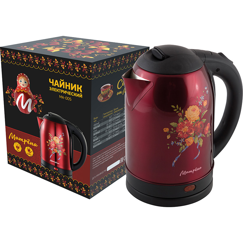Чайник МАТРЕНА MA-005 электрический (2,0 л) стальной красный хохлома (005413)Купить