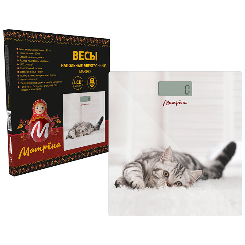 Весы напольные электронные МАТРЕНА МА-090 кот (стеклянная поверхность, 180 кг) (007271)Купить