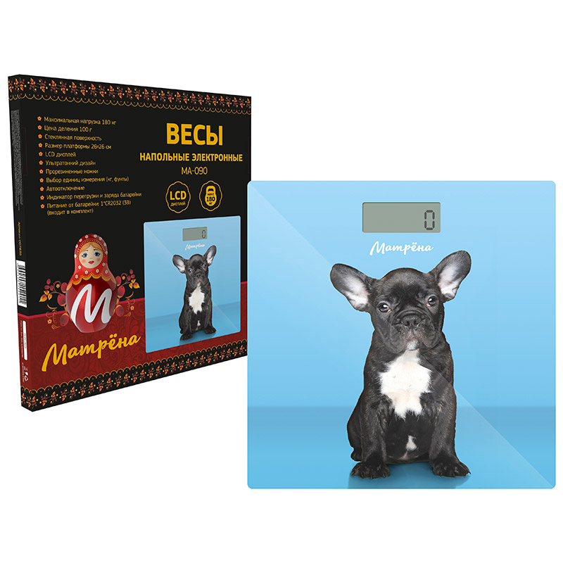Весы напольные электронные МАТРЕНА МА-090 собака (стеклянная поверхность, 180 кг) (007296)Купить